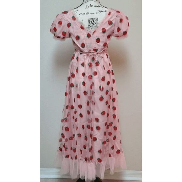 🍓 Strawberry Mesh Tulle Girly Cute Pink Puff Sleeve Glitter Midi Dress S NWT - Picture 5 of 16